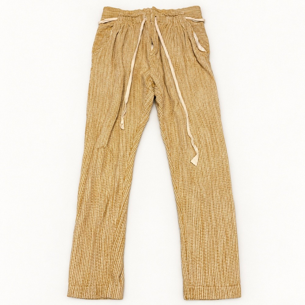 Free People Women Mustard Cream Striped Textured Tie Waist Cotton Pants Size 0